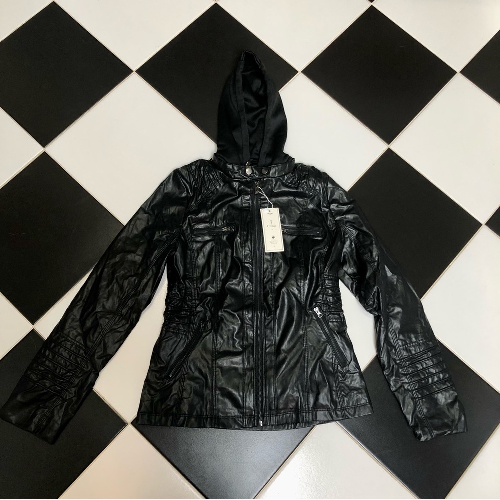 NWT Cinnie Black Faux Leather Hoodie Bomber Jacket Sweatshirt Layered Look sz L